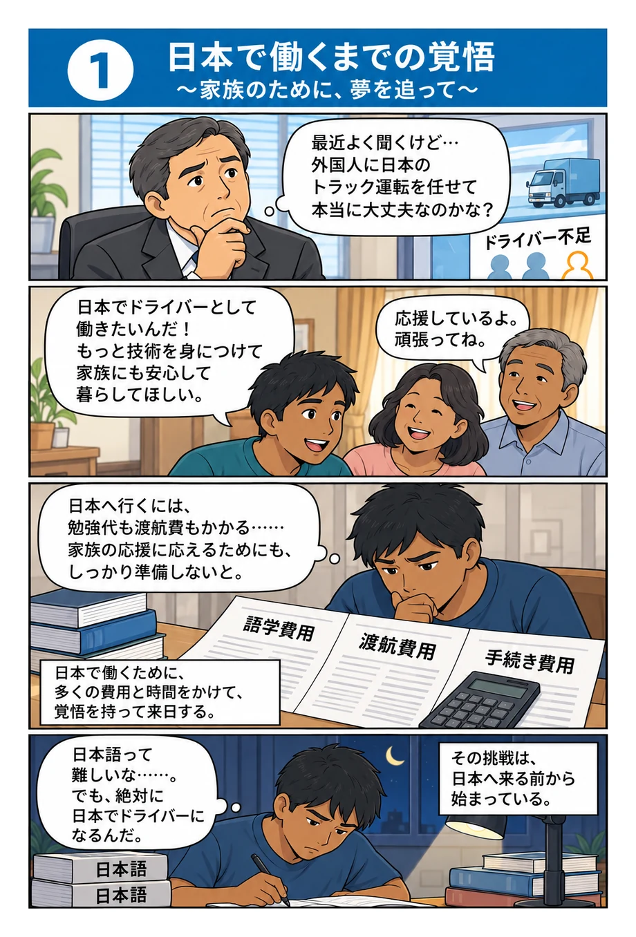 マンガ①日本で働くまでの覚悟。外国人にトラック運転を任せて大丈夫かと悩む社長。一方、日本でドライバーとして働くと決めた若者は、家族の応援を受け、費用を準備しながら夜遅くまで日本語を勉強する。