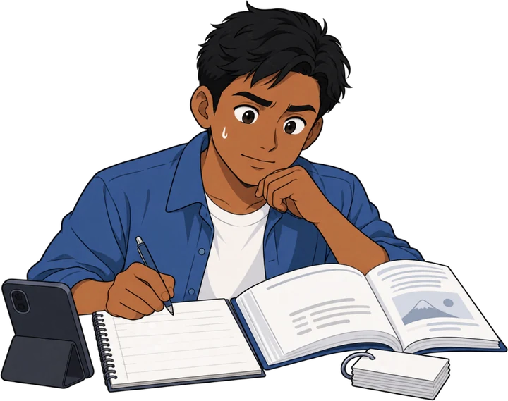 日本語のテキストを前に、ノートを取りながら悩む外国人ドライバー