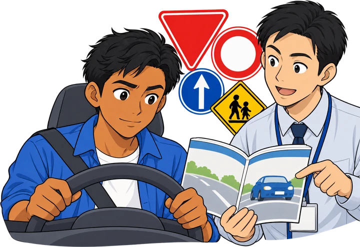 日本の交通標識について、担当者から説明を受けながら運転の練習をする外国人ドライバー