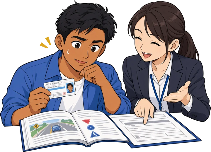 運転免許証を手に、担当者と一緒に学科の教本で勉強する外国人ドライバー